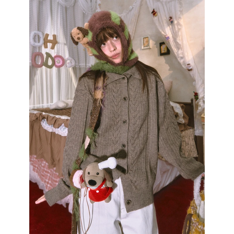 【双十一】OHTODOG复古中性开衫狗头衣领休闲毛衣麻花针织宽松外套
