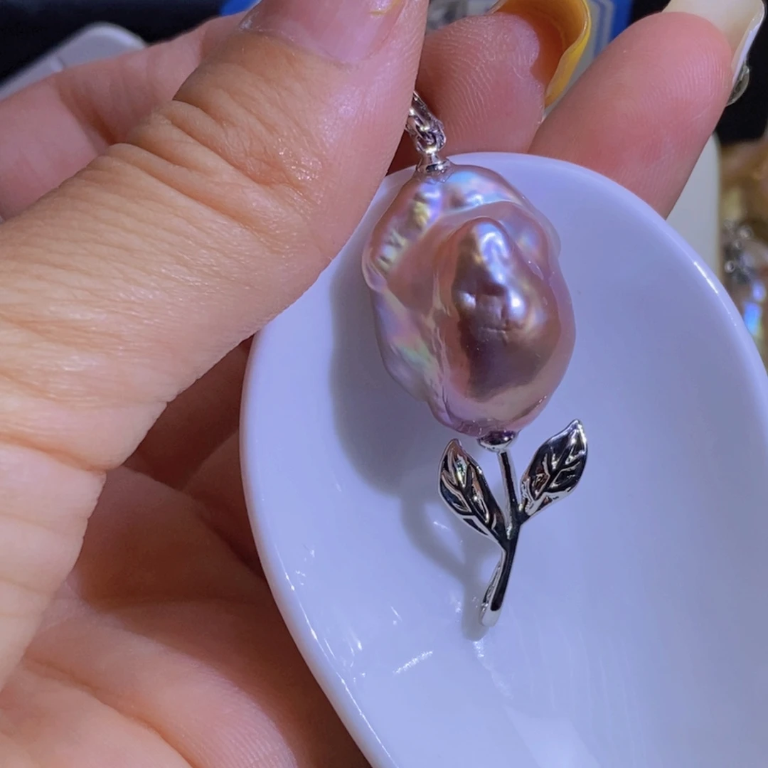 银S925镶嵌淡水珍珠天然珍珠无染色，无优化