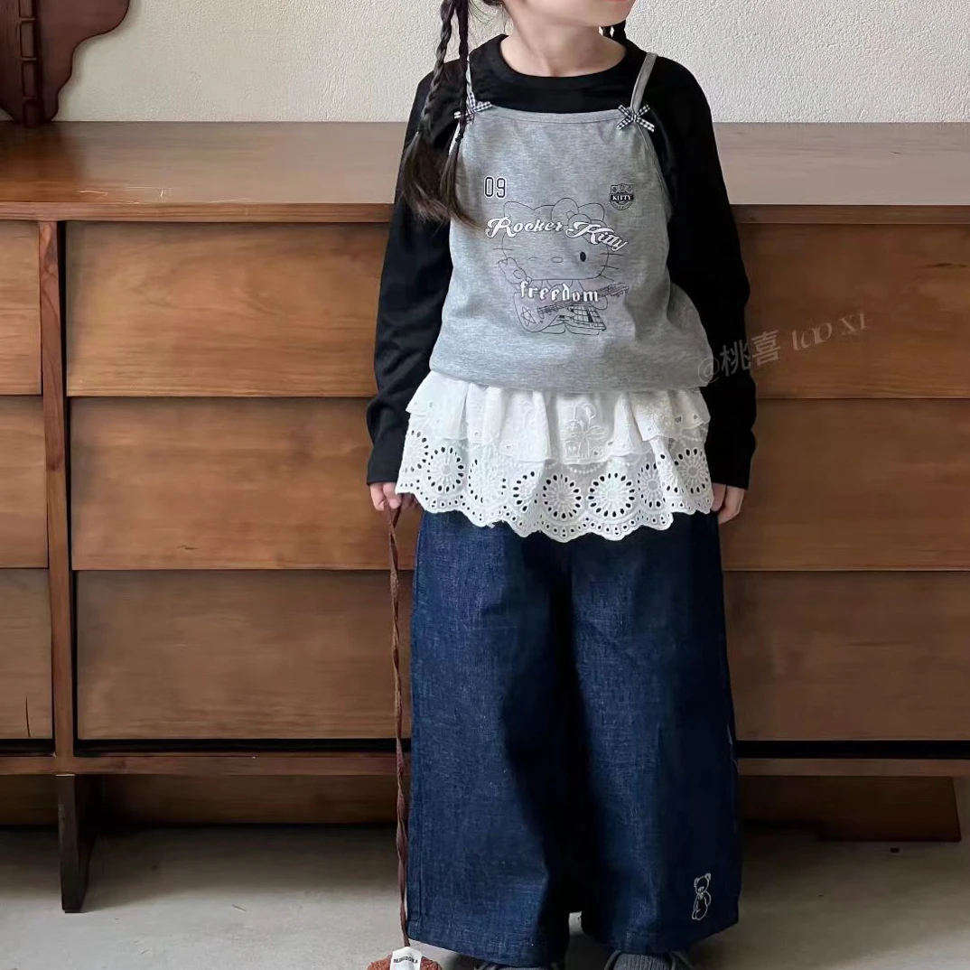 桃喜 25秋 女童灰色猫咪吊带+打底衫套装5115  屁帘牛仔裤5103
