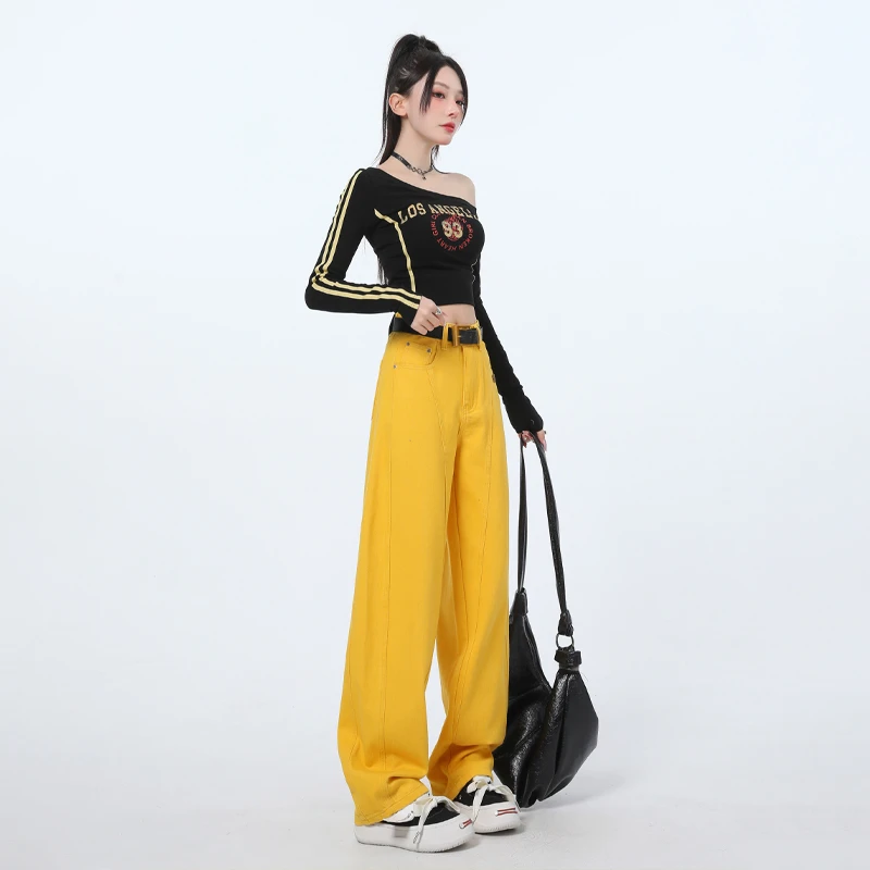 半糖2025春夏季新款时尚牛仔裤女高腰宽松显瘦百搭直筒阔腿弯刀裤
