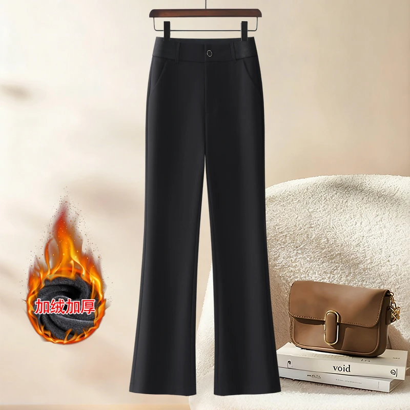 拉夏贝尔黑色加绒加厚微喇裤女2025秋冬高腰垂感休闲裤百搭喇叭裤