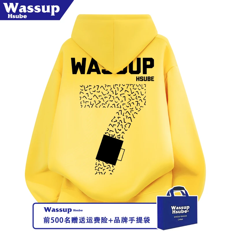 WASSUP HSUBE男女无口袋黄色加绒上衣秋冬季数字印花美式连帽卫衣
