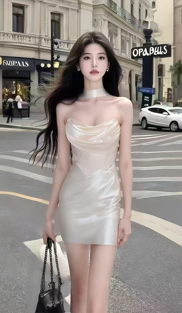 轻奢气质名媛性感辣妹风香槟色桃心领抹胸修身收腰包臀连衣裙女