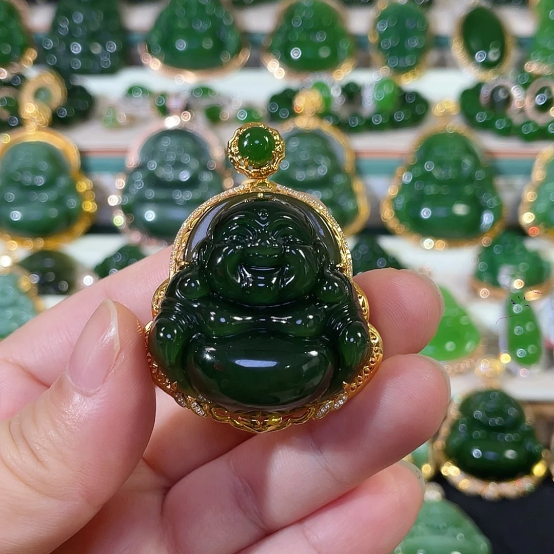 和田玉（碧玉）18K金镶嵌颈饰帝王绿佛公35