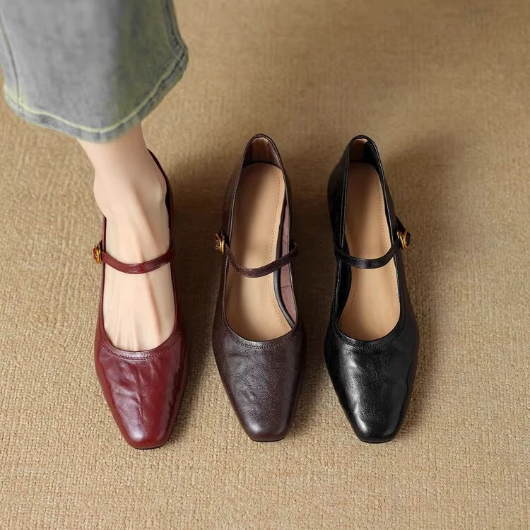 法式复古软羊皮玛丽珍鞋女新款方头粗跟一字扣带法式淑女粗跟