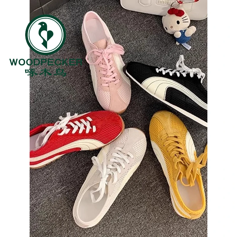 啄木鸟红色复古夏季透气网面赛车鞋女拼色系带德训鞋百搭休闲板鞋
