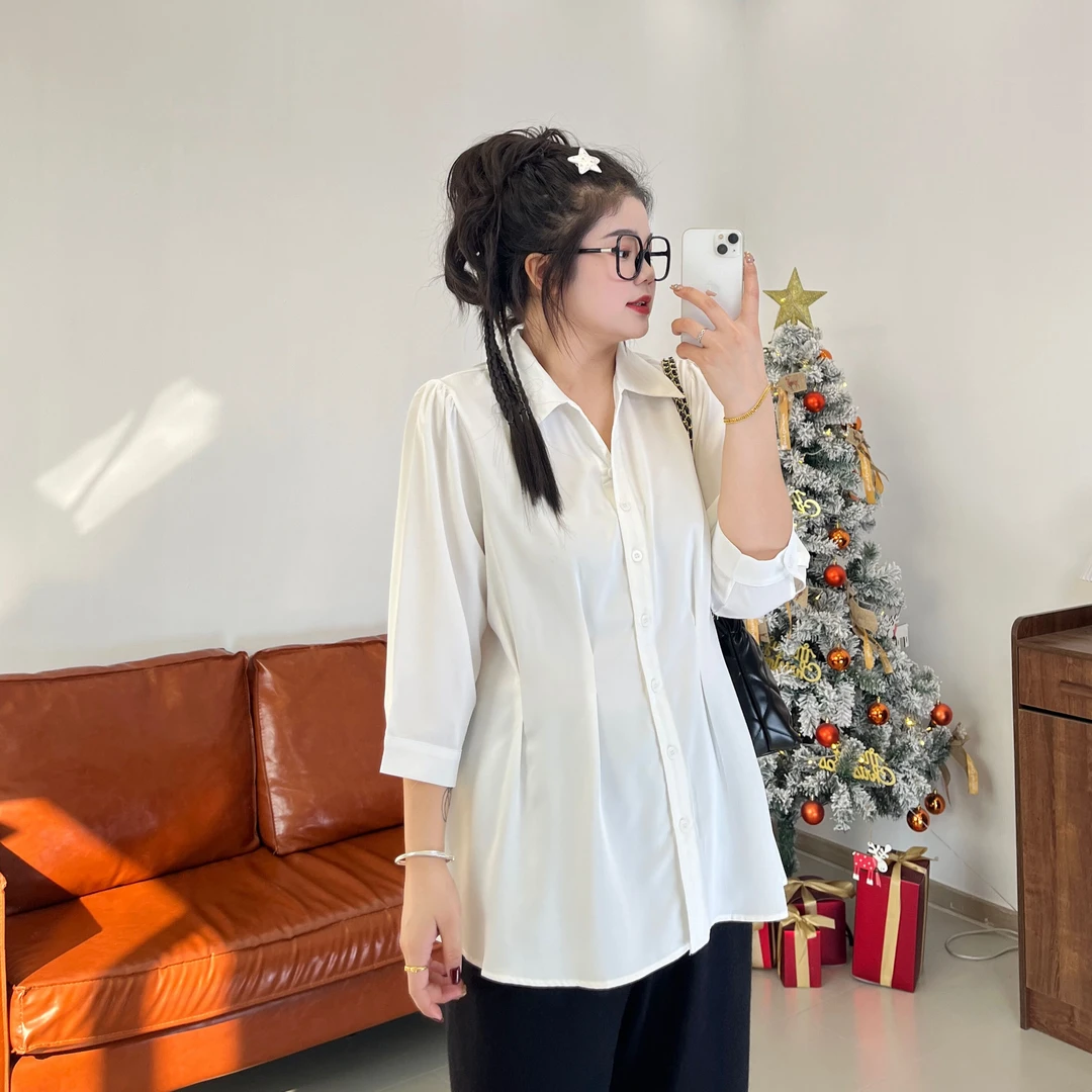 梦丞胖妹妹大码女装法式收腰减龄气质显瘦宽松上衣时尚遮肉衬衣