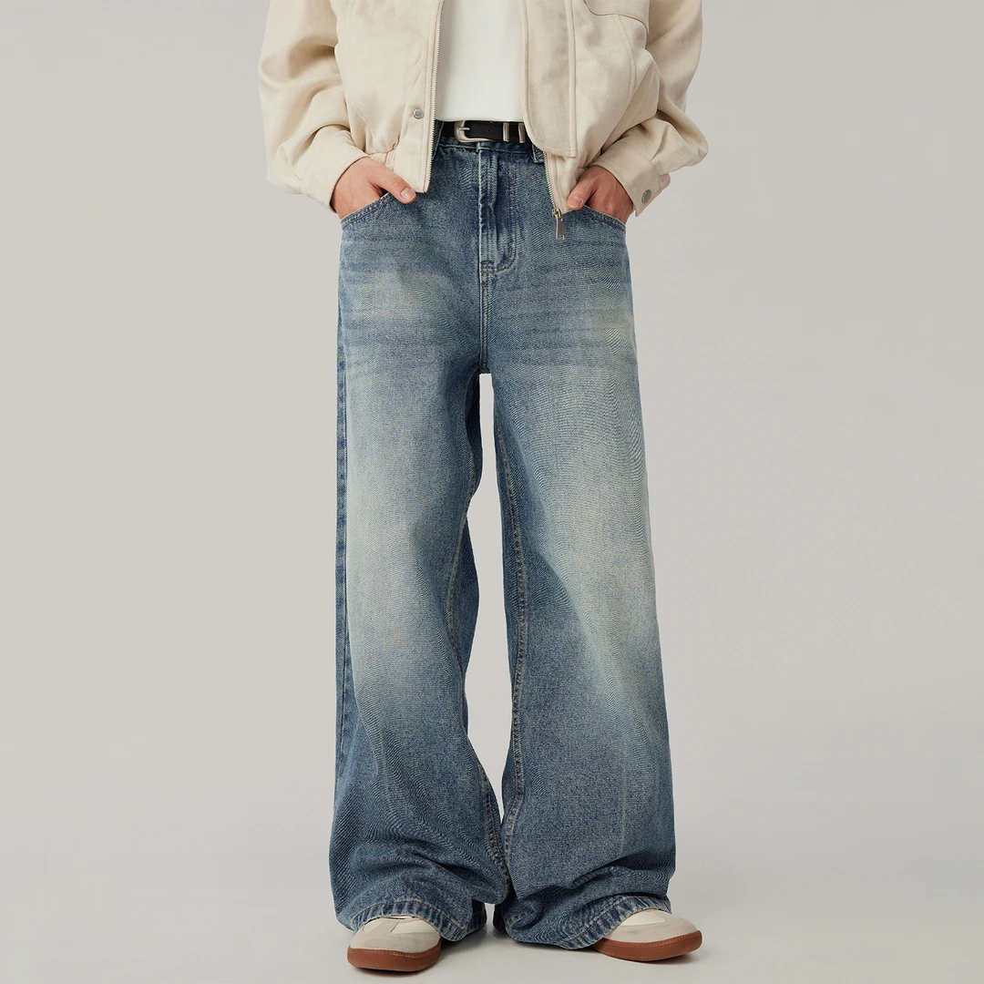 美式复古潮牌直筒阔腿浅蓝色牛仔裤男长裤秋季痞帅宽松高级感裤子