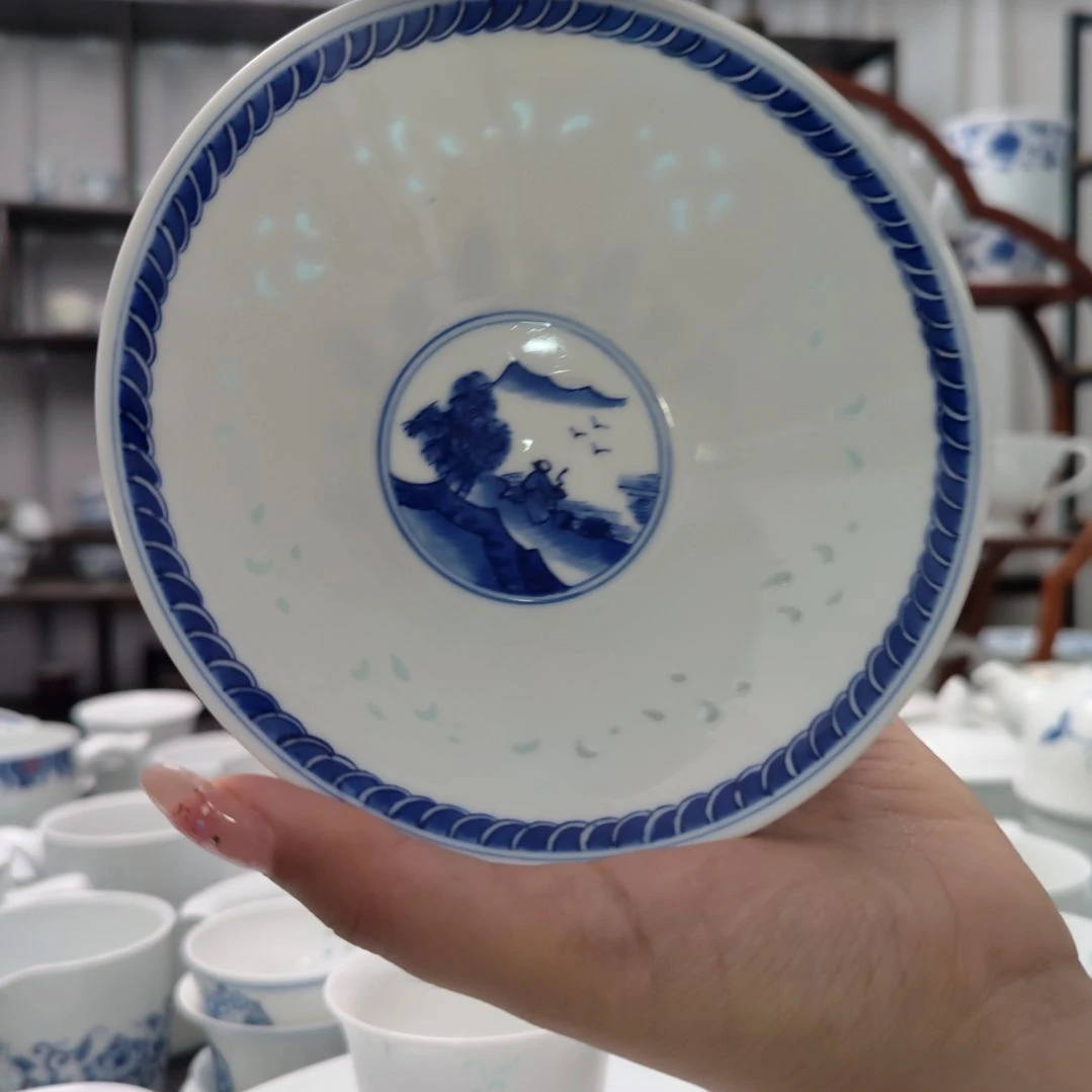 瓷手绘康熙山水斗笠饭碗一个