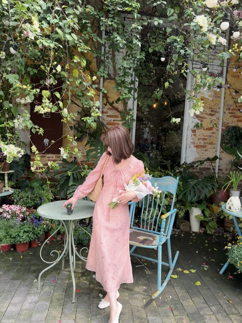 H瞌睡兔定制【清苍 桃桃粉栀】秋温柔气质显瘦刺绣长袖连衣裙259036