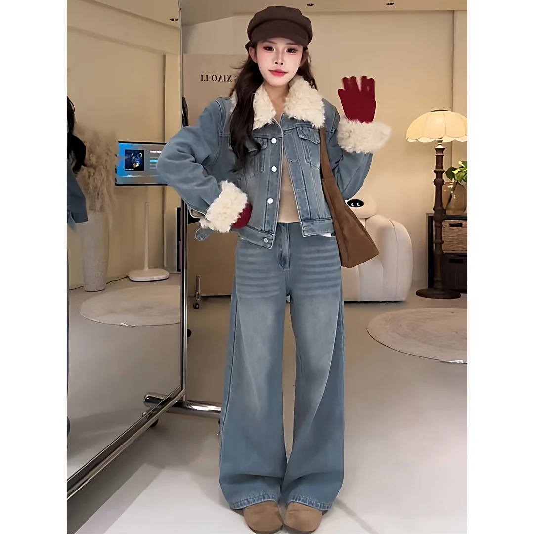 2025冬季新款复古蓝色保暖加绒毛领牛仔外套小个子高腰阔腿裤套装