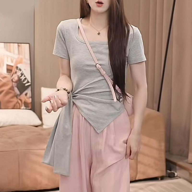 不规则开叉绑带短袖T恤女夏季新款气质减龄方领收腰显瘦上衣小衫