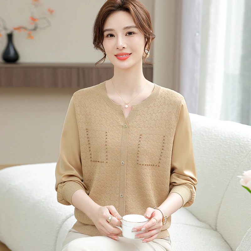 2025妈妈春装纱袖小衫中老年人女洋气薄款针织T恤时尚气质上衣服