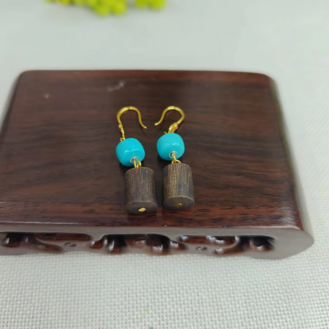 海南老料沉香diy18 K 金绿松耳环