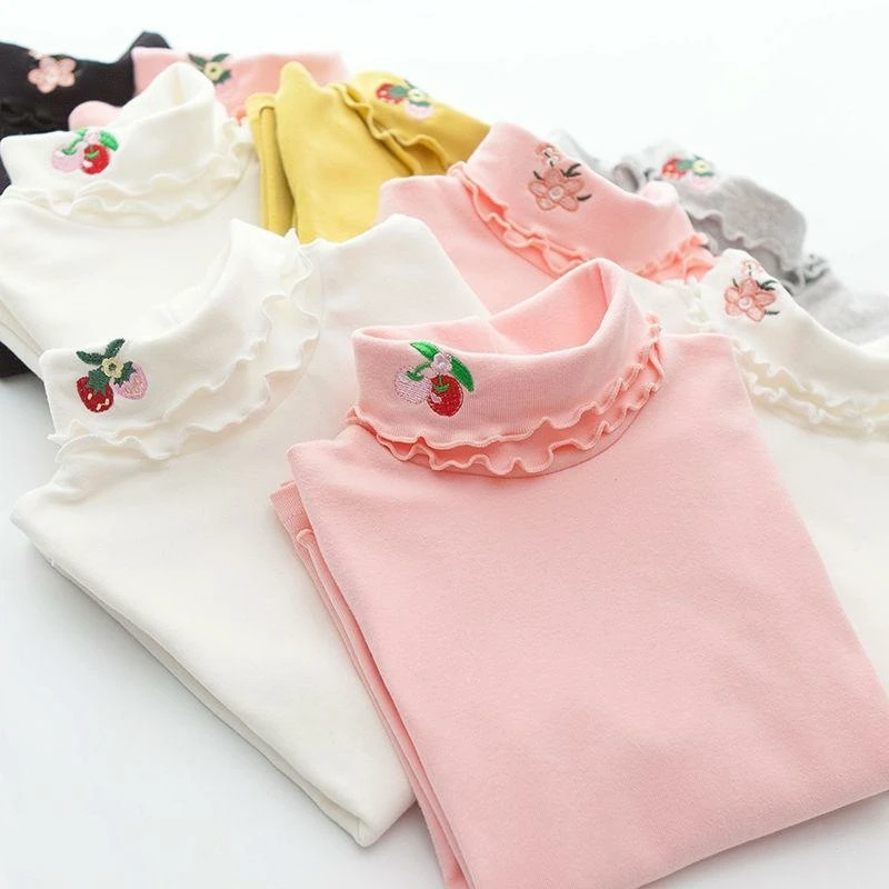 春秋女童装打底衫宝宝洋气儿童潮牌韩版刺绣高领花边樱桃上衣B类