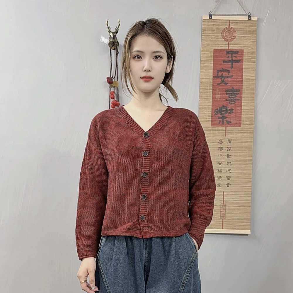 春秋针织短款女V领女装毛针织衫长袖秋冬季打底毛衣