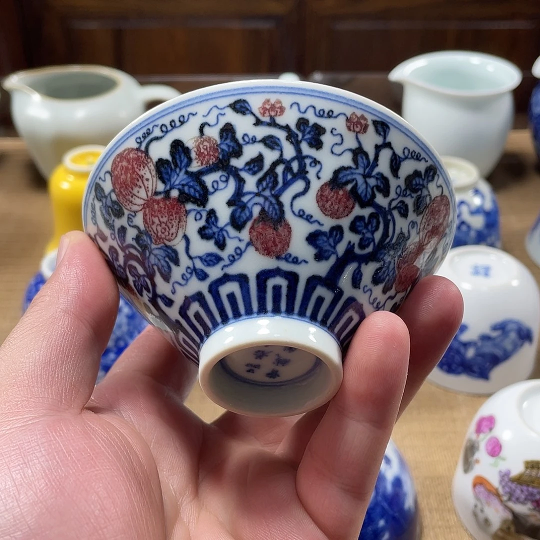 品若堂青花釉里红西瓜斗笠杯