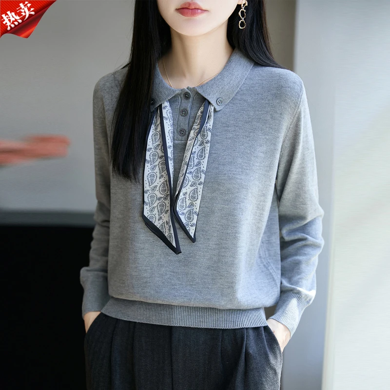 哥弟阿玛施正品秋冬假两件POLO领针织衫时尚百搭丝巾套头打底衫女