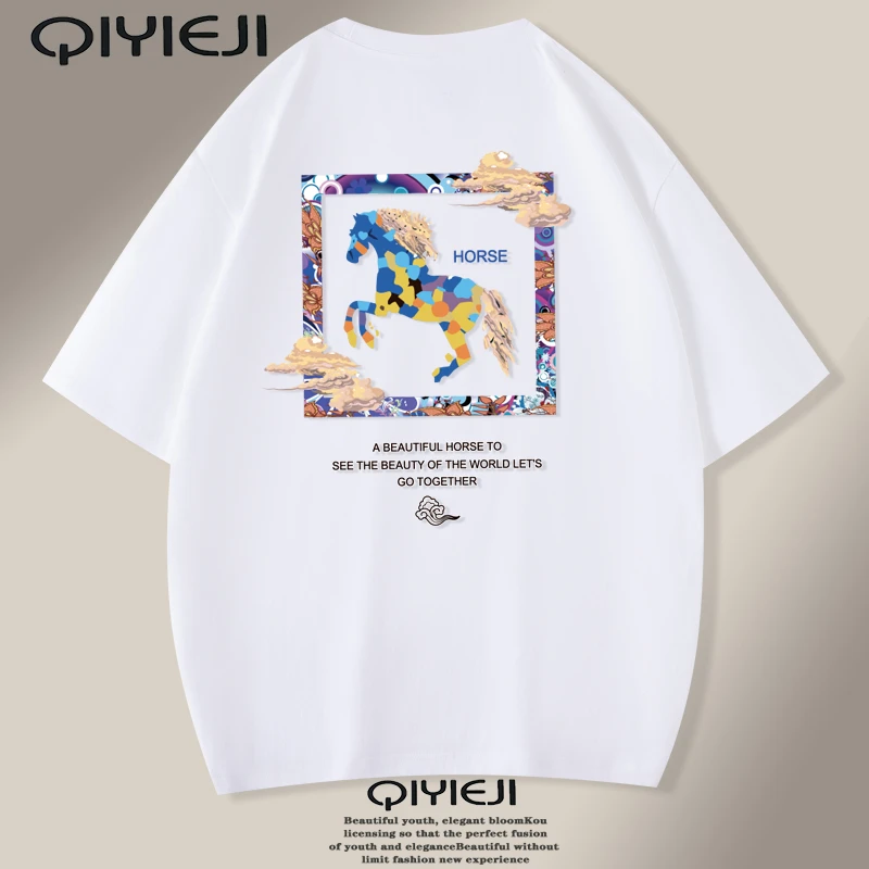 潮牌重磅纯棉短袖T恤男士夏季骏马潮流T恤百搭半袖ins印花宽松