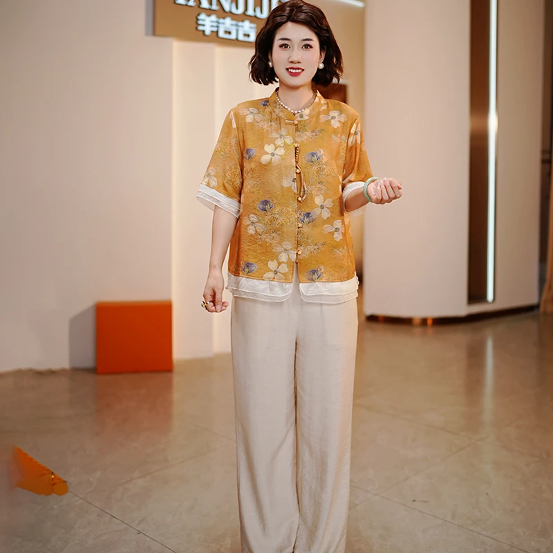 新中式妈妈装夏季短袖雪纺套装母亲衣服夏装时尚阔太太气质上衣