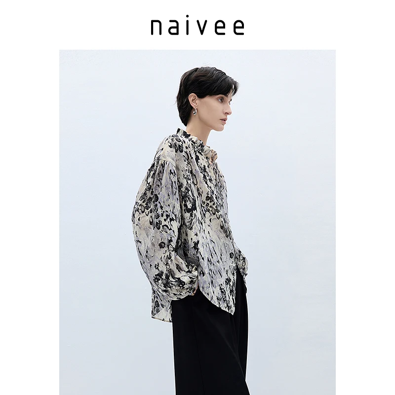 【官旗】Naivee/纳薇南法度假风水墨印花系带纽扣薄款衬衫25C244420