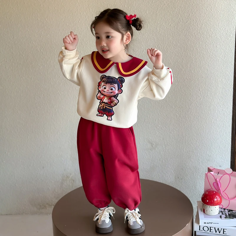 女小童哪吒卡通卫衣套装春秋2025新款女宝宝休闲两件套时髦运动服