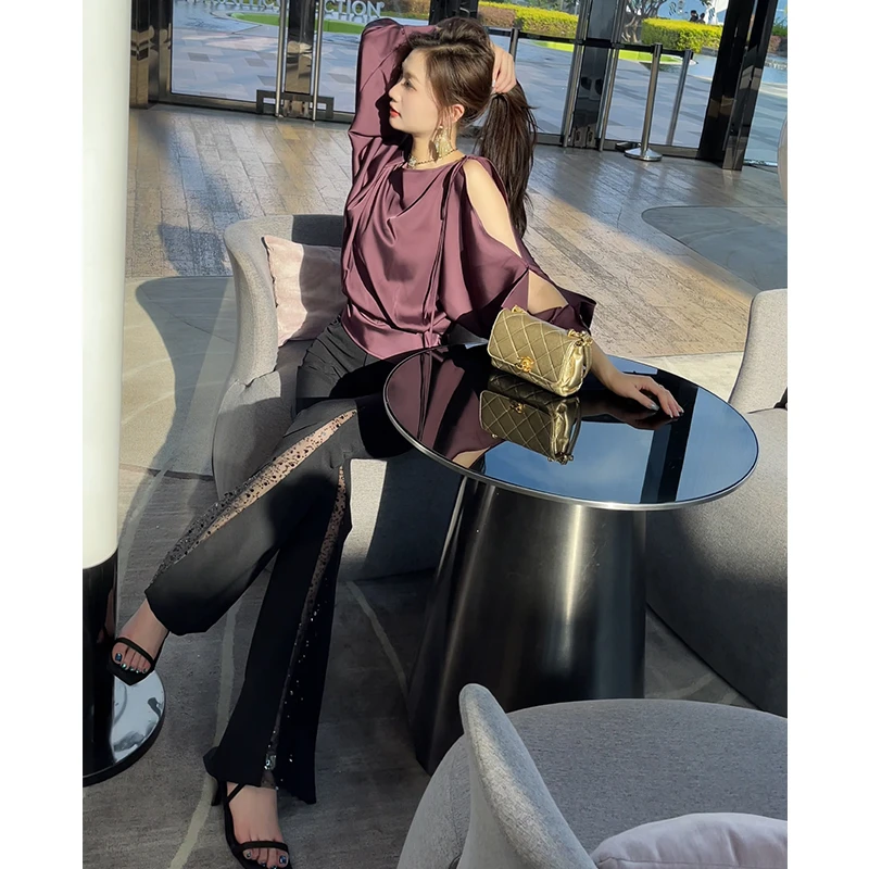格润雅设计感镂空性感长袖上衣女2025年新款气质拼接显瘦喇叭裤