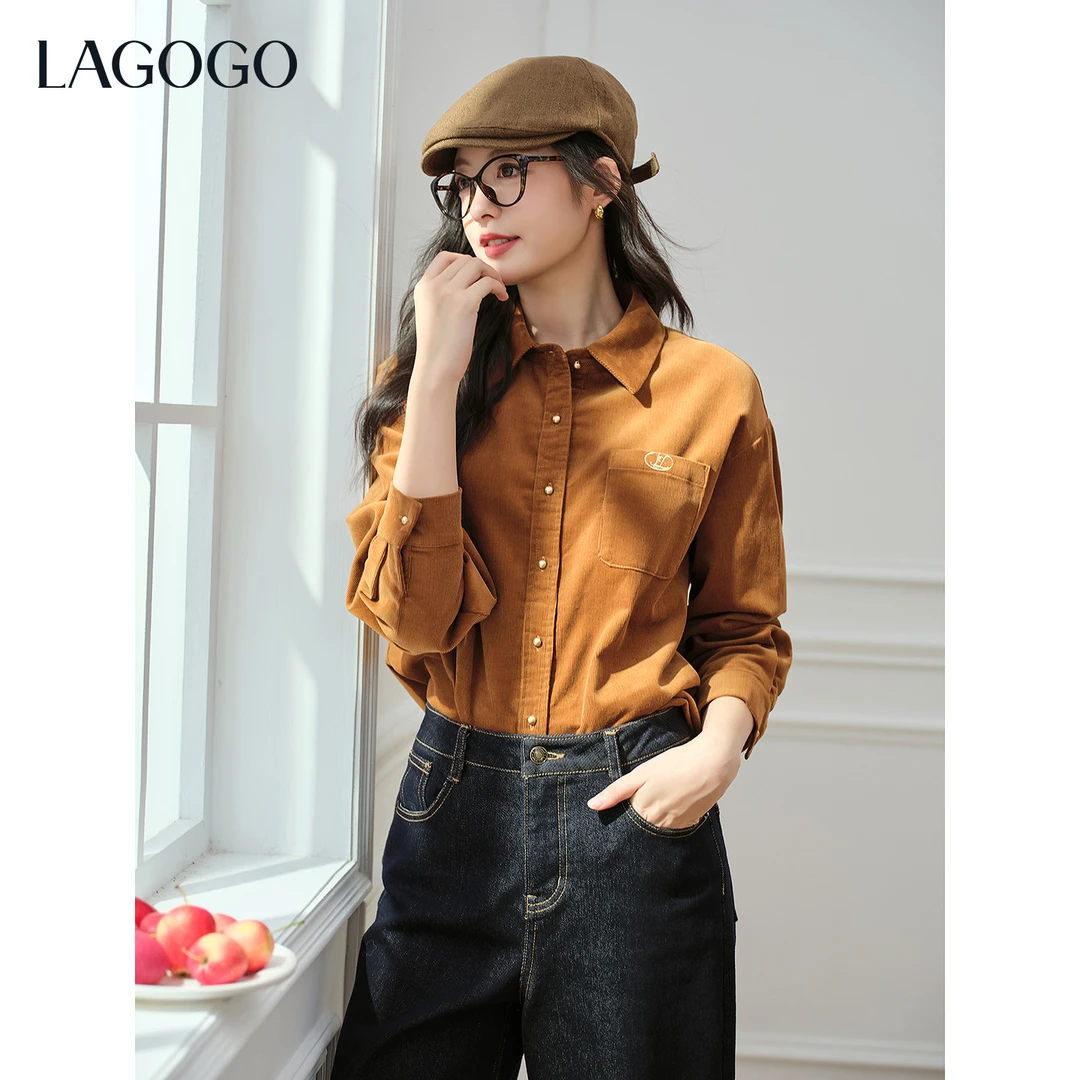 【高高专属】lagogo拉谷谷新款领带学院风灯芯绒衬衫女OCCC419G21