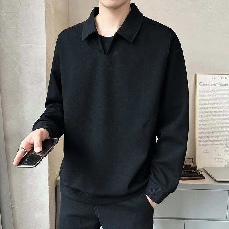 男士卫衣春秋季新款美式v领秋装打底polo衫潮牌重磅假两件长袖t恤