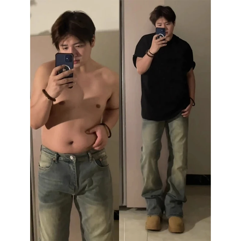 微胖男生穿搭大肚子t恤男纯棉黑色显瘦宽松短袖加肥加大重磅半袖