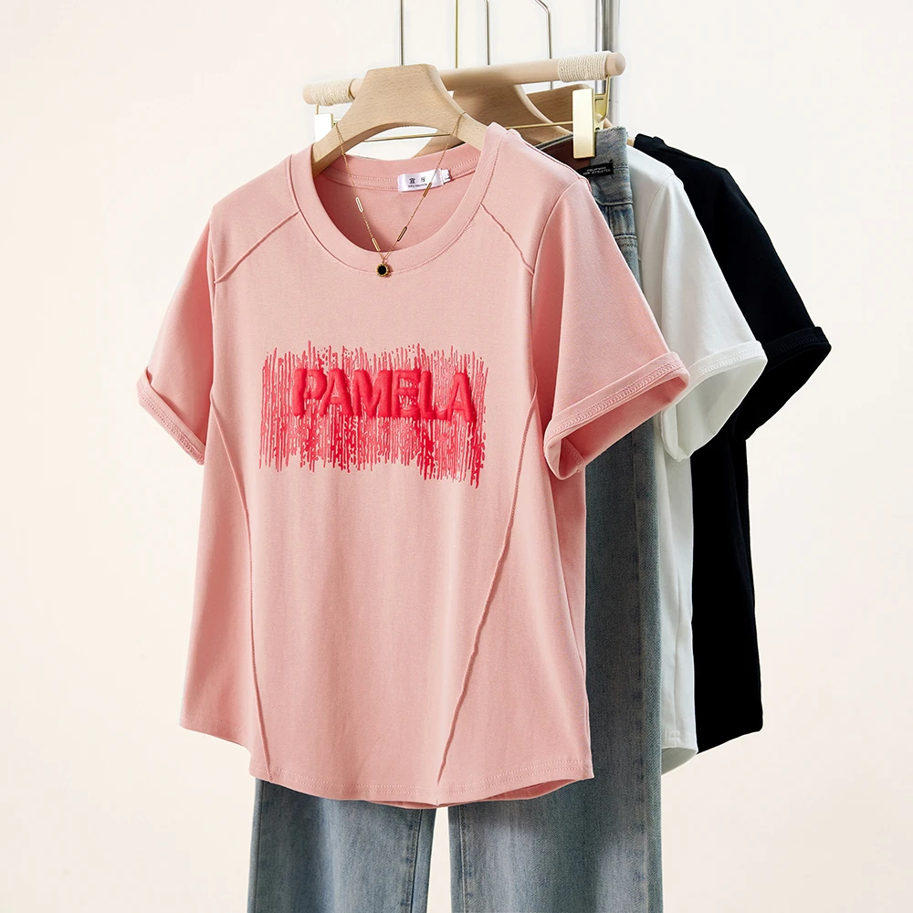 2025夏装新款胖mm大码女韩版简约百搭正肩印花字母短袖T恤