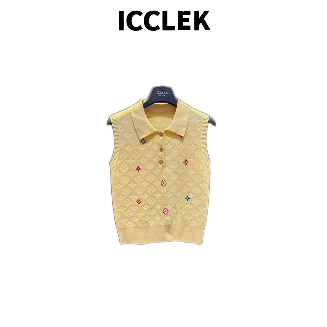 ICCLEK 黄色翻领针织印花背心无袖百搭时尚轻奢名媛百搭  -  5711