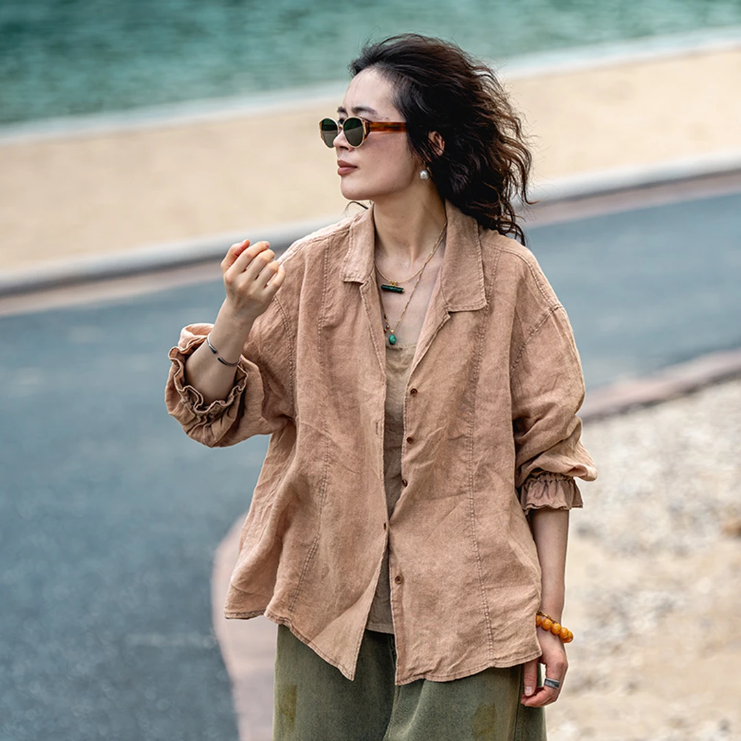 疯子张25秋款复古翻领单排扣设计植物染休闲长袖衬衫#08525