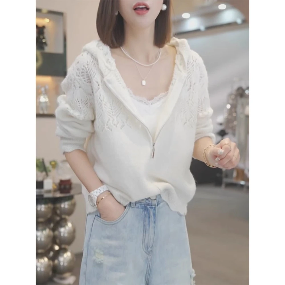 钩花镂空连帽针织衫女春季薄款毛衣开衫外套2025新款长袖短款上衣