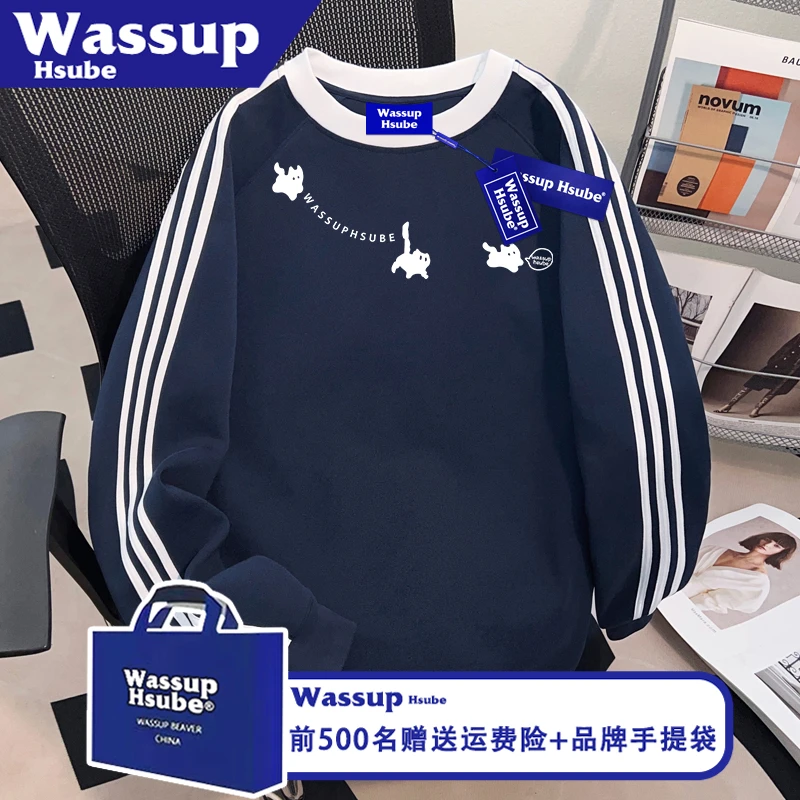 WASSUP HSUBE可爱小猫印花上衣ins秋冬季男女同款T恤100%纯棉长袖