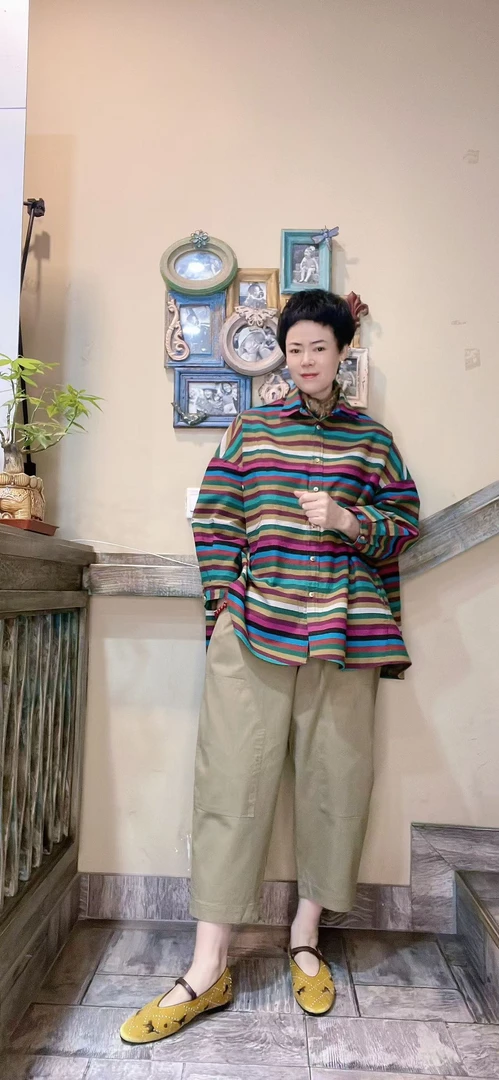 新思维彩条衬衣几何裤套装（可单拍）