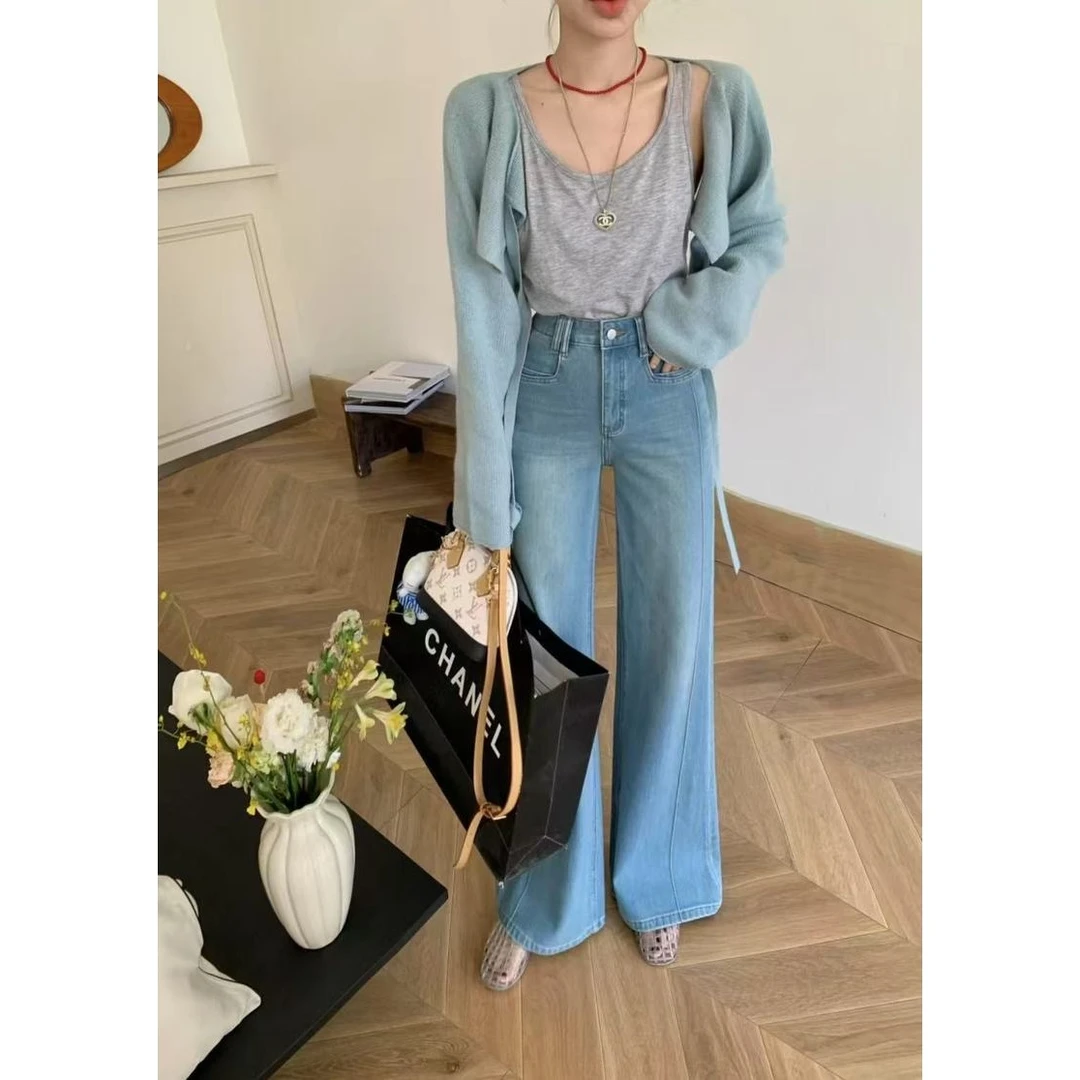 8912#超好穿！韩系宽松弹力垂感显瘦微喇牛仔裤