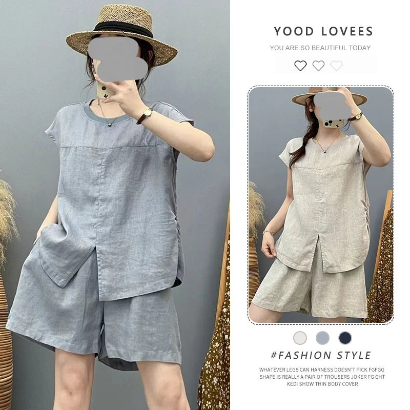 夏季女薄款两件套2026新款休闲舒适透气时尚圆领开叉短袖短裤套装