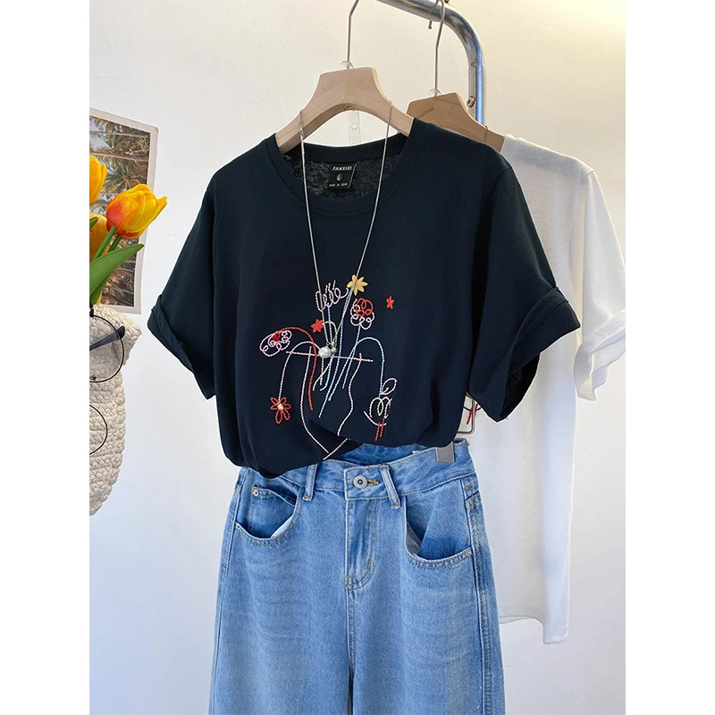 韩系慵懒风高级感雪花棉大码短袖T恤女夏季新款胖mm200斤刺绣上衣