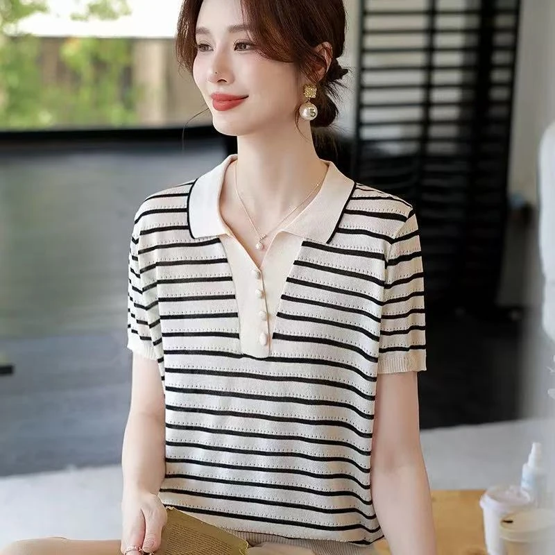 翻领条纹冰丝短袖t恤女2025新款夏季薄款针织衫休闲百搭舒适上衣