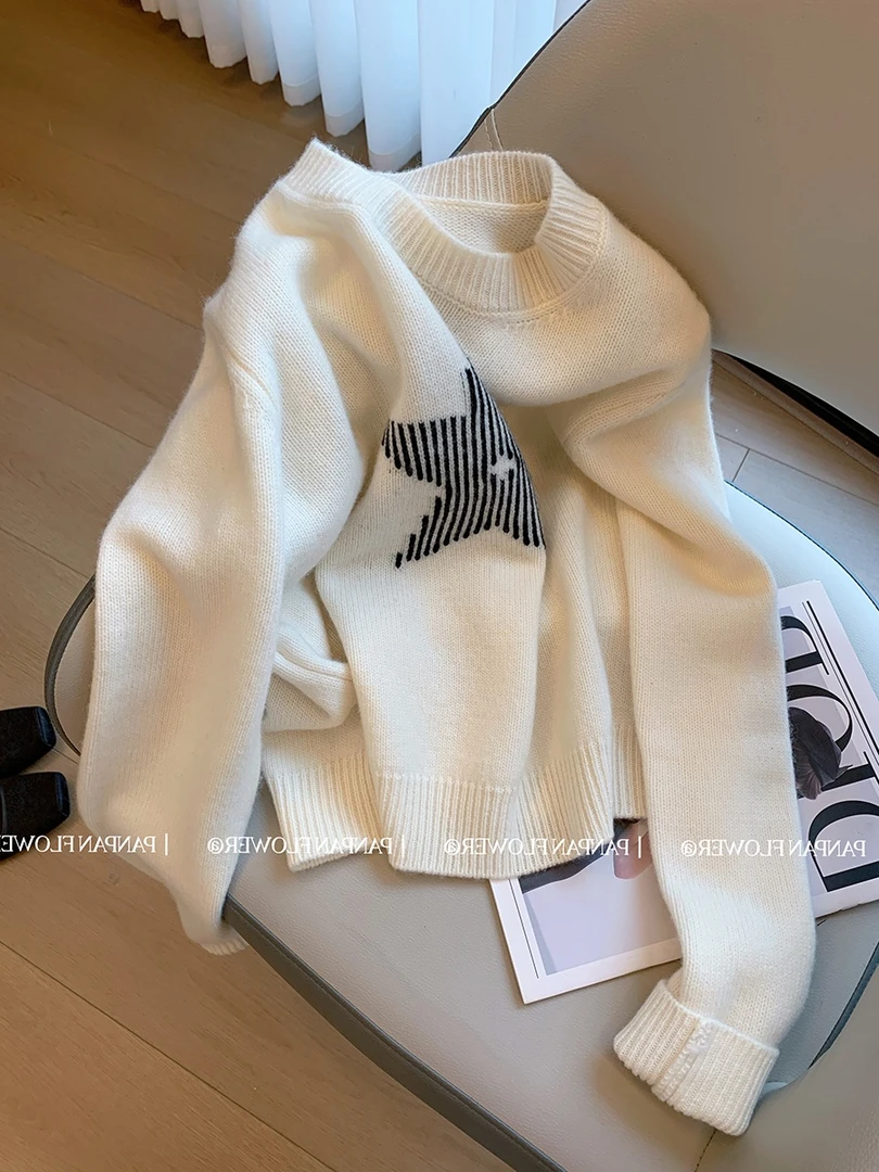 慵懒高级感五角星印花圆领套头毛衣女冬季新款宽松长袖针织衫上衣