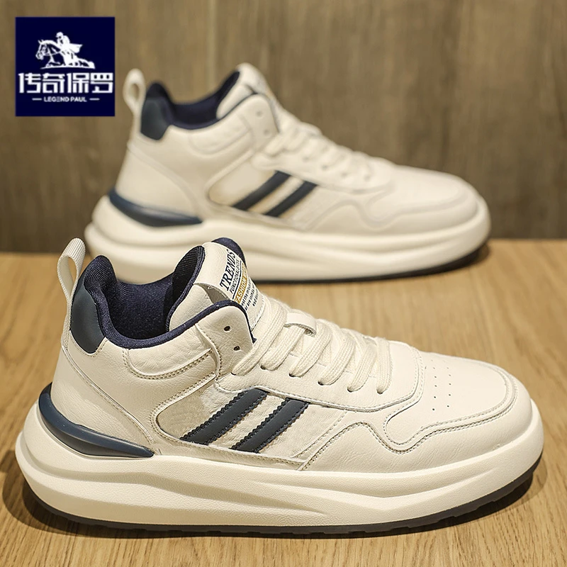 传奇保罗正版高帮鞋男冬季休闲运动增高小白板鞋男士加绒保暖棉鞋