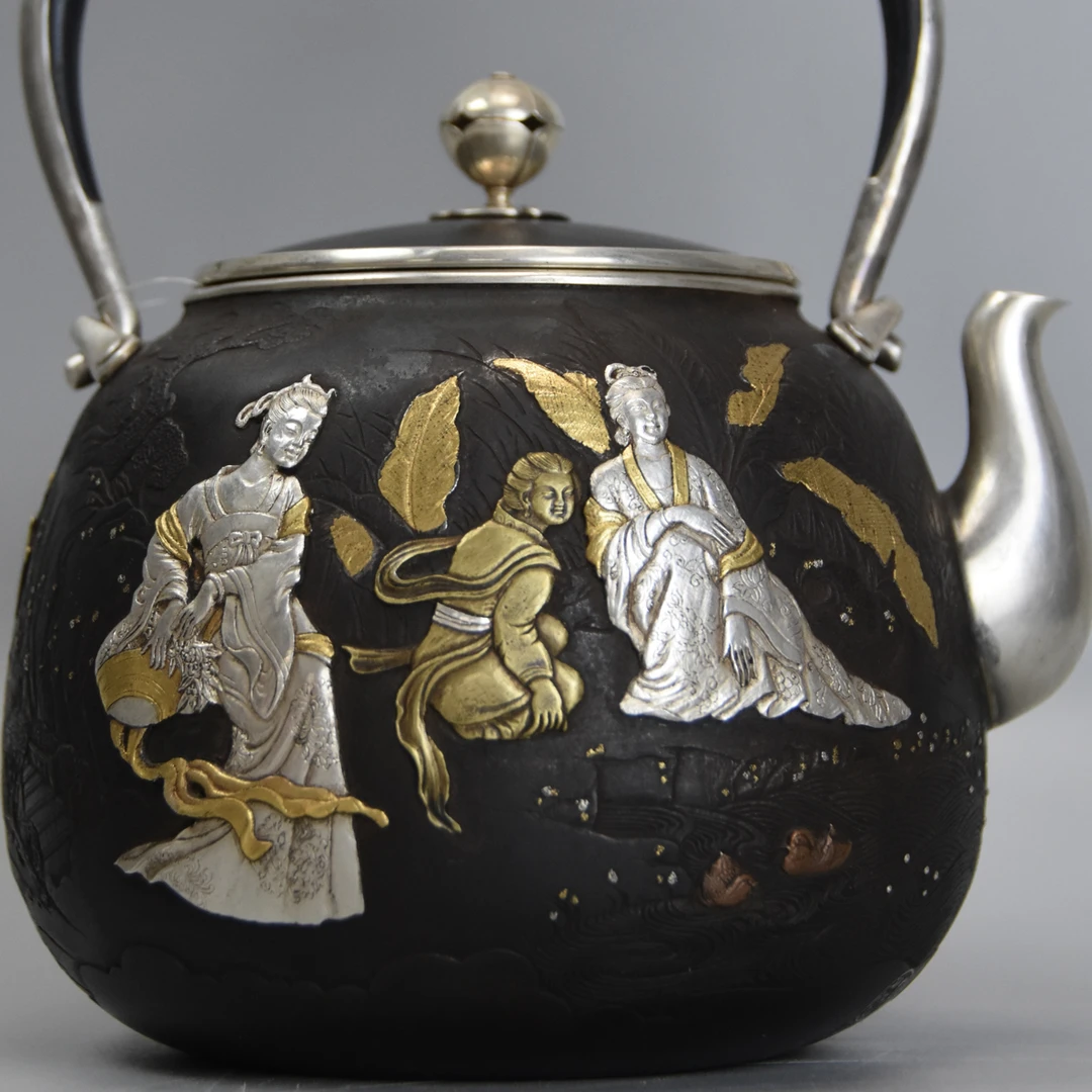 精品老银壶 老铁壶 金工鐵包銀 象嵌四大美女圖