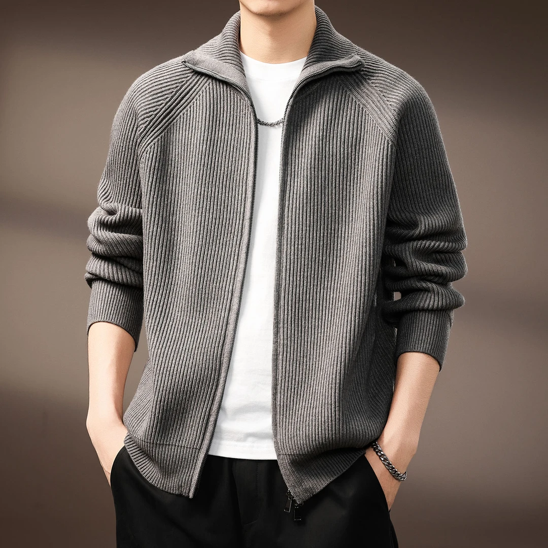 高端老钱风重磅双拉链毛衣开衫男士秋冬翻领针织开衫休闲保暖外套