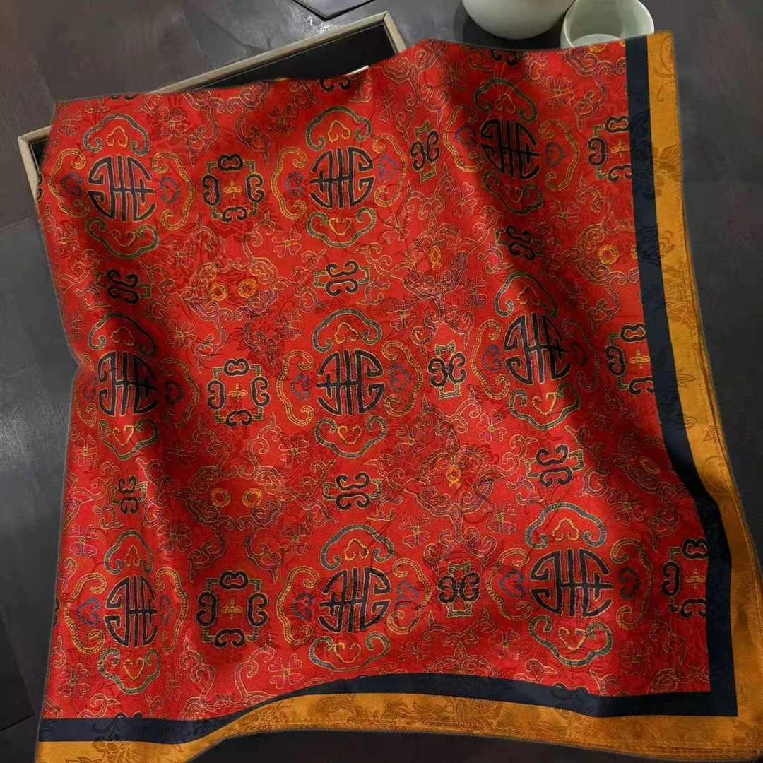 万寿图 香云纱 提花镂空90*90方巾