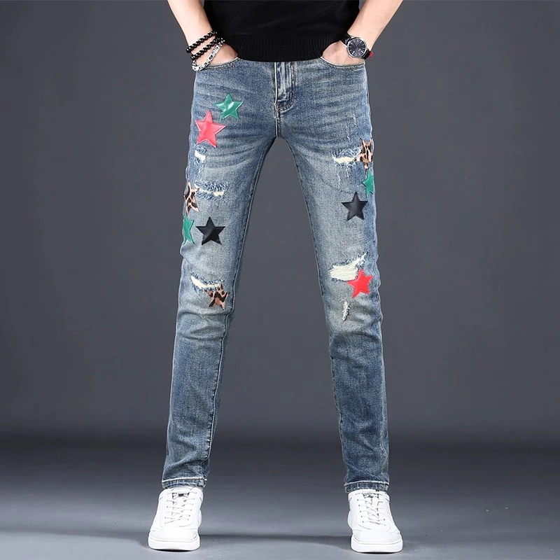 2025新款牛仔裤男款破洞潮牌修身小脚刺绣弹力休闲爆款牛仔长裤男