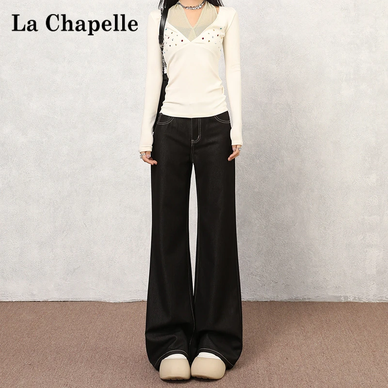 拉夏贝尔美式黑色微喇裤女秋季不贴腿喇叭牛仔裤宽松显瘦阔腿裤子