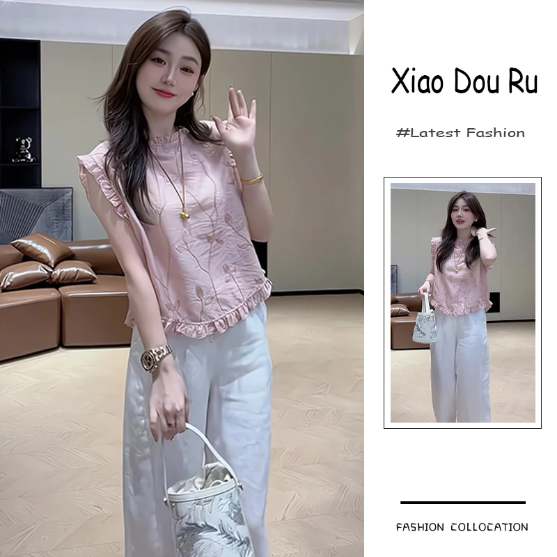 夏季流行穿搭一套新款2025韩版甜美风减龄飞飞袖上衣阔腿裤两件套