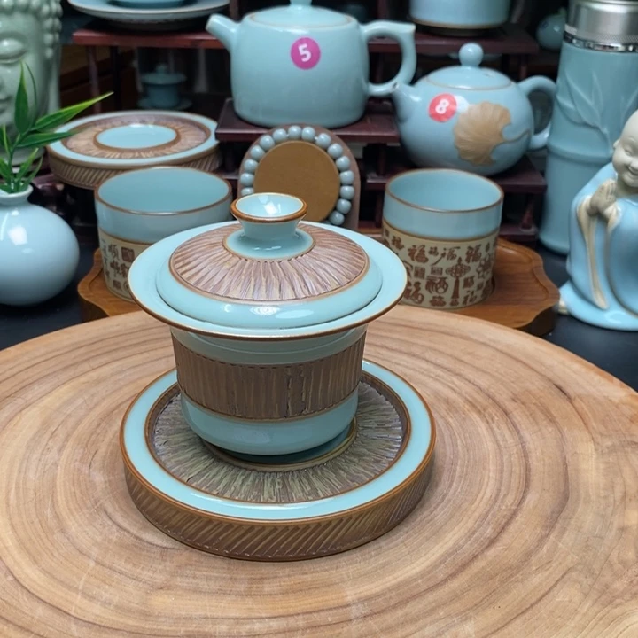 摆件陶汝瓷，古油，壶，杯，，盖碗