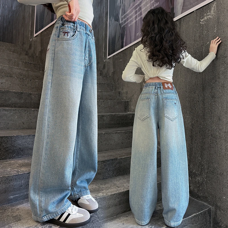 女童牛仔裤春季2025新款女孩儿童春秋装阔腿裤大童窄版直筒长裤子